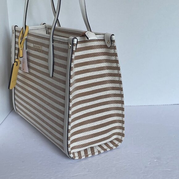 Kate Spade Market Stripe Medium Tote Beige Stripe Canvas Zip Shoulder Bag - Picture 9 of 10